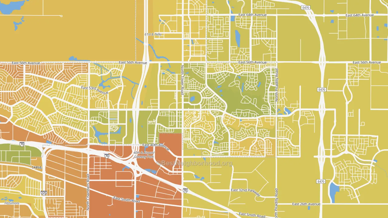 Map of the best neighborhoods in the Gateway-Green Valley Ranch, Denver area, with better matches in green and worse matches in red