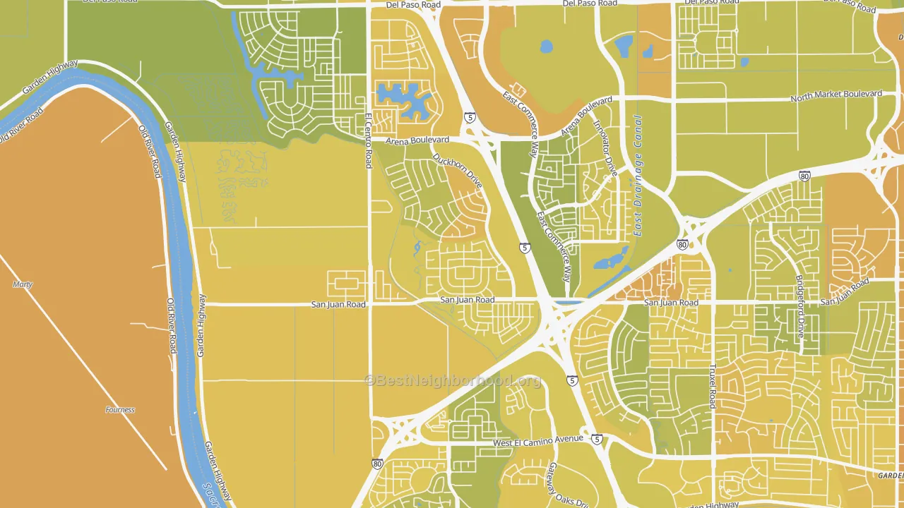 Map of the best neighborhoods in the Gateway West, Sacramento area, with better matches in green and worse matches in red