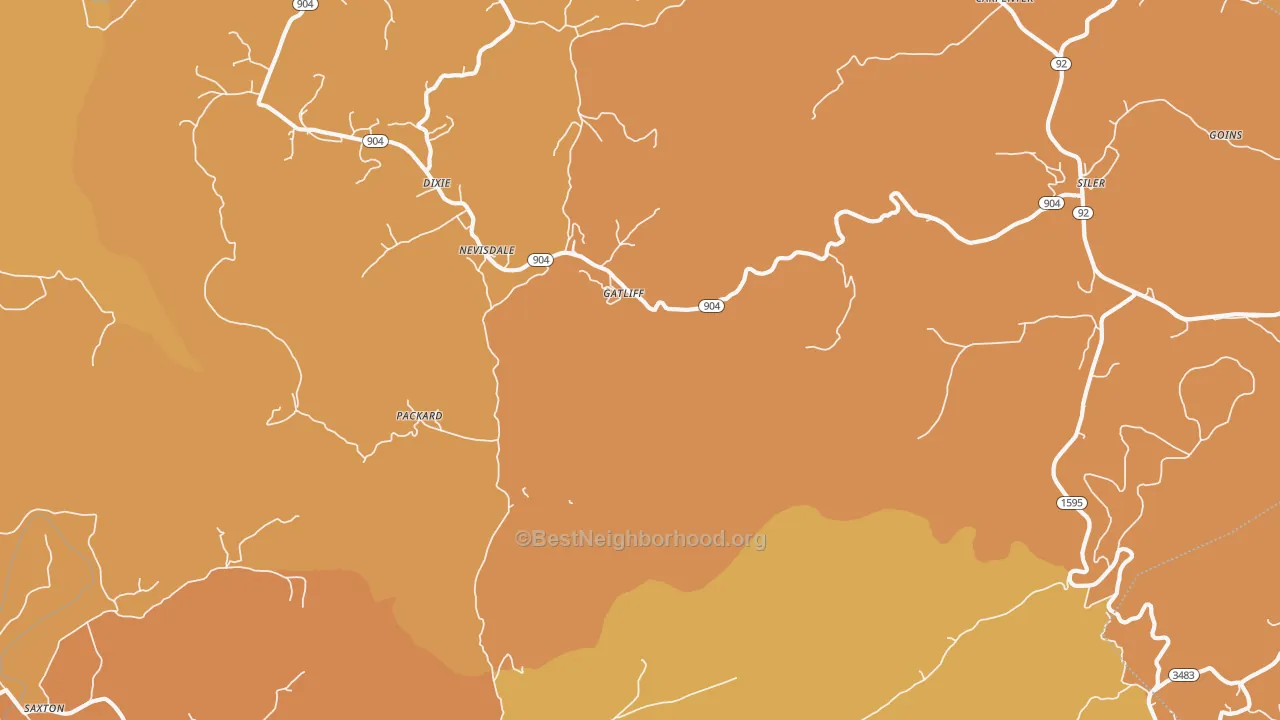 Map of the best neighborhoods in the Gatliff area, with better matches in green and worse matches in red