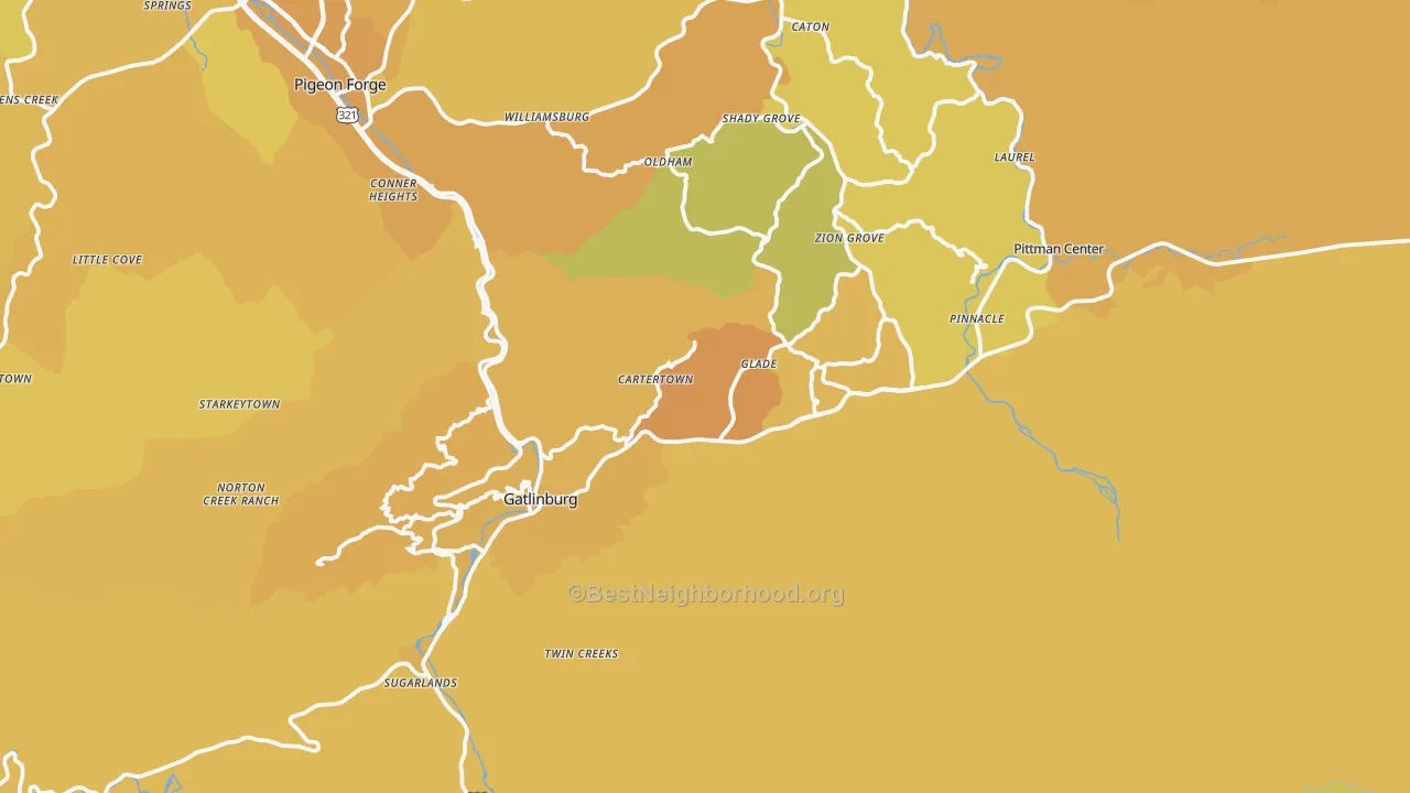 Map of the best neighborhoods in the Gatlinburg area, with better matches in green and worse matches in red