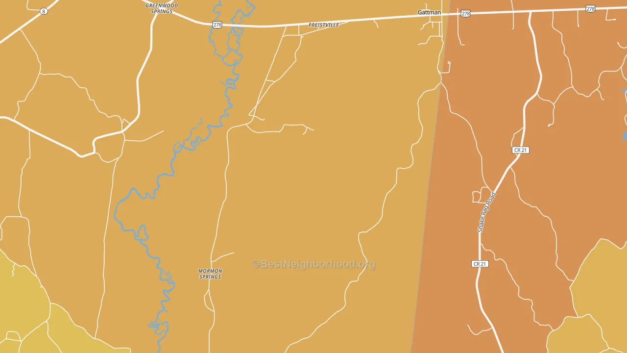 Map of the best neighborhoods in the Gattman area, with better matches in green and worse matches in red