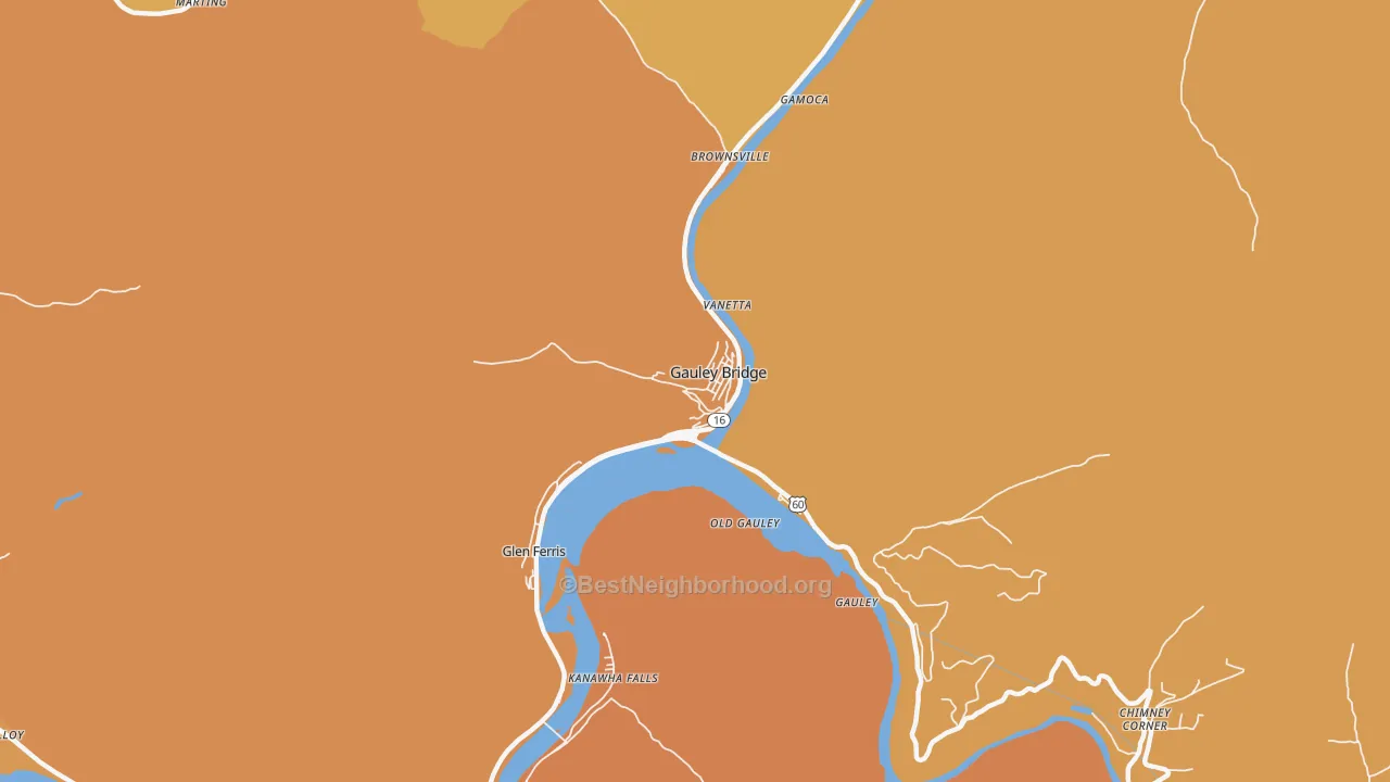 Map of the best neighborhoods in the Gauley Bridge area, with better matches in green and worse matches in red