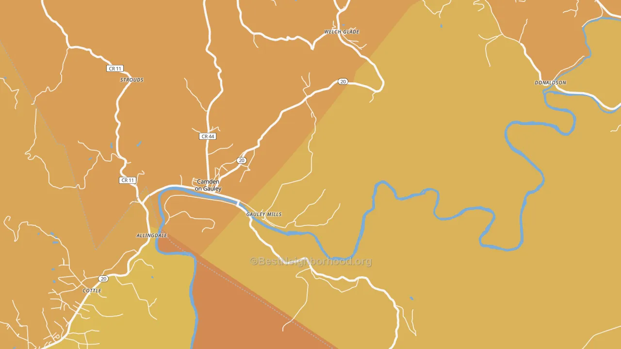 Map of the best neighborhoods in the Gauley Mills area, with better matches in green and worse matches in red