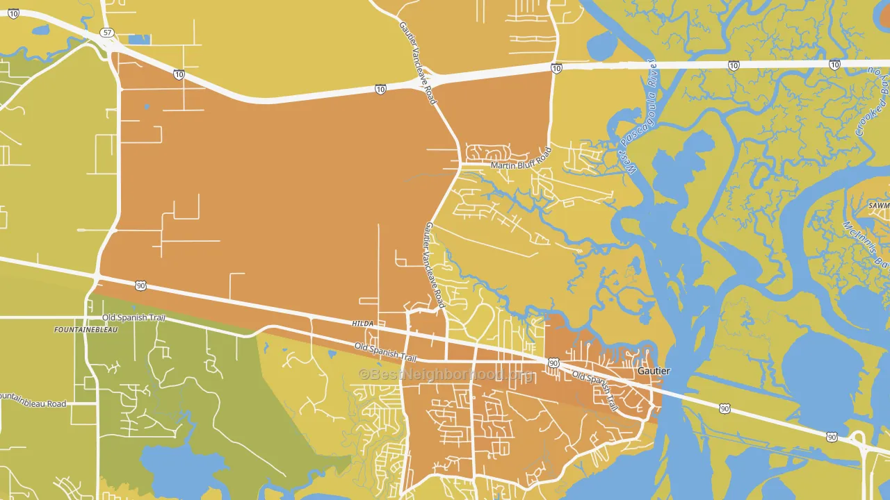 Map of the best neighborhoods in the Gautier area, with better matches in green and worse matches in red