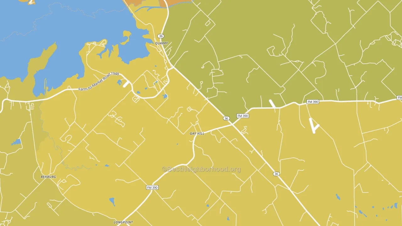 Map of the best neighborhoods in the Gay Hill area, with better matches in green and worse matches in red