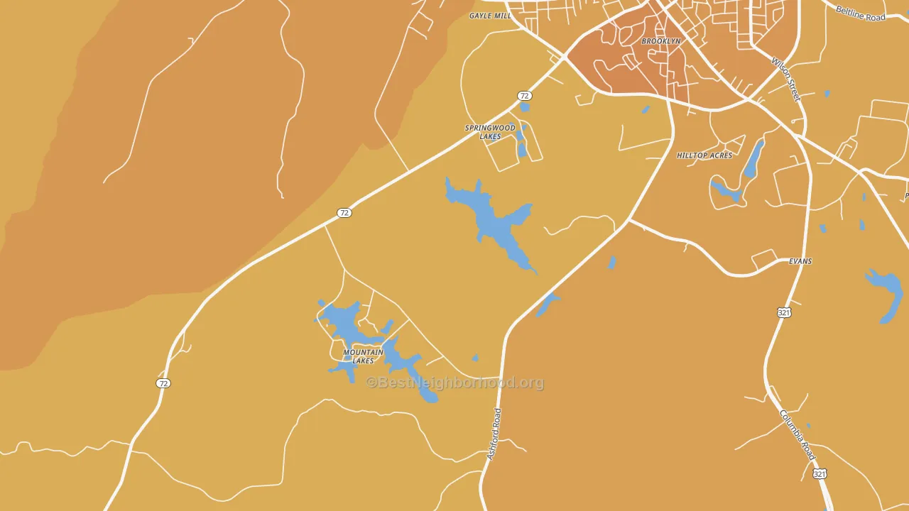 Map of the best neighborhoods in the Gayle Mill area, with better matches in green and worse matches in red