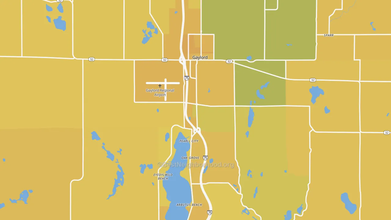 Map of the best neighborhoods in the Gaylord area, with better matches in green and worse matches in red