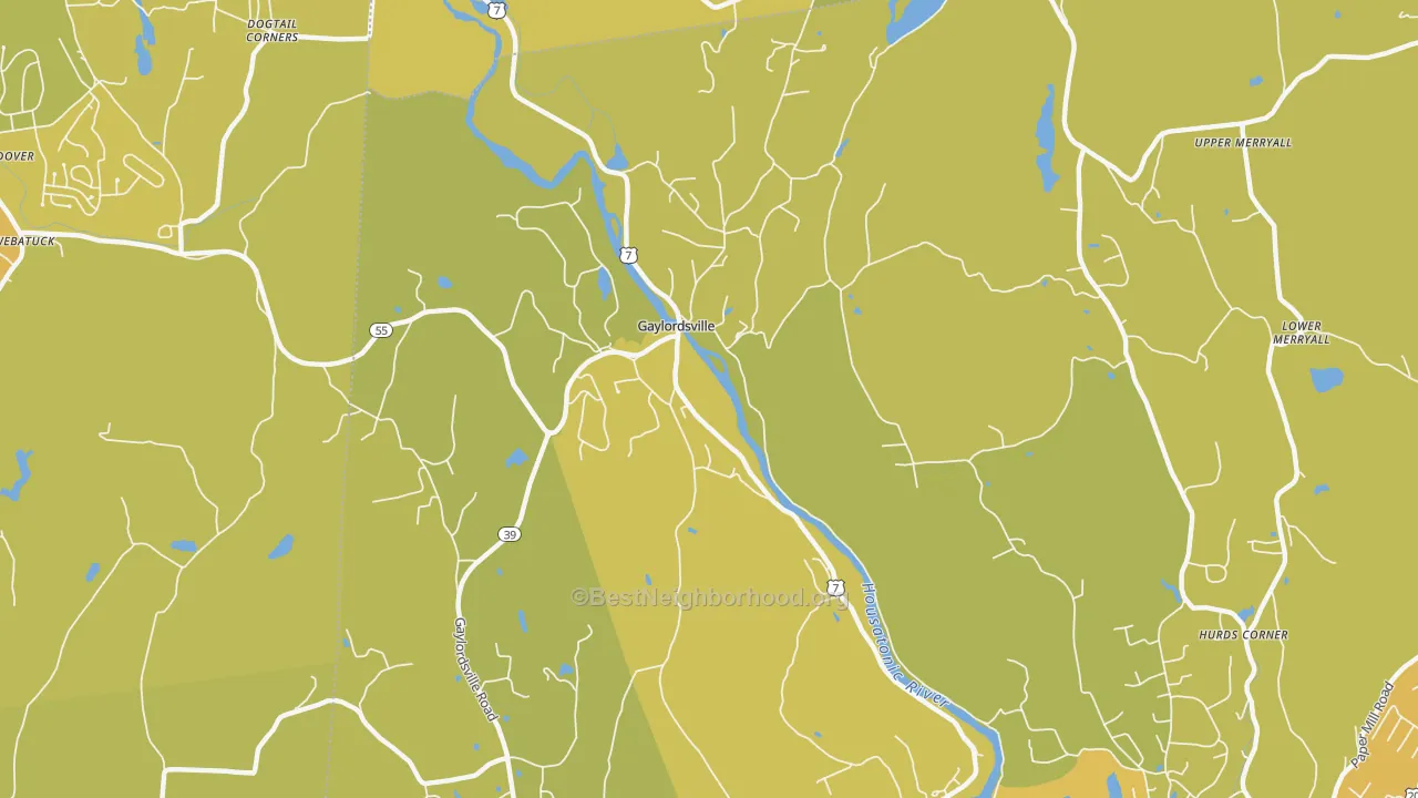Map of the best neighborhoods in the Gaylordsville area, with better matches in green and worse matches in red