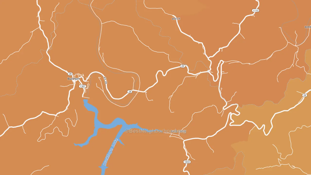 Map of the best neighborhoods in the Gays Creek area, with better matches in green and worse matches in red