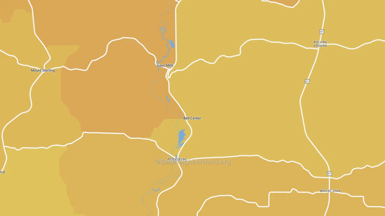 Map of the best neighborhoods in the Gays Mills area, with better matches in green and worse matches in red