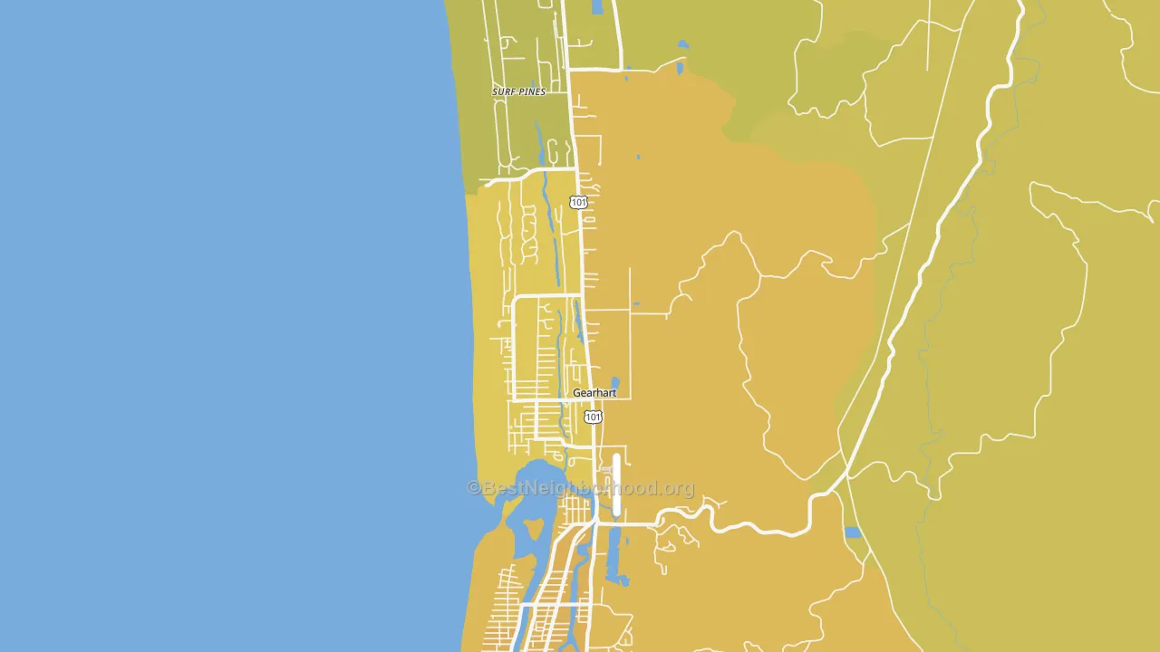 Map of the best neighborhoods in the Gearhart area, with better matches in green and worse matches in red