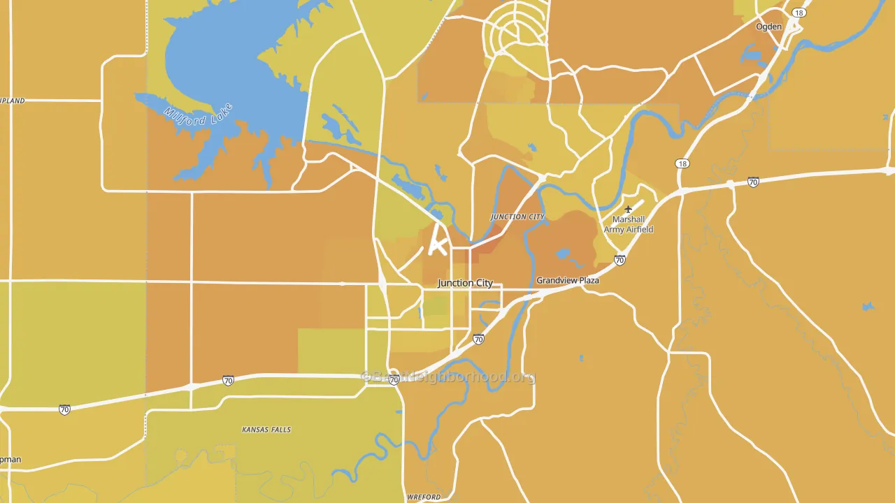 Map of the best neighborhoods in the Geary County area, with better matches in green and worse matches in red