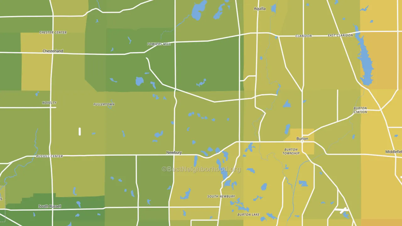 Map of the best neighborhoods in the Geauga County area, with better matches in green and worse matches in red