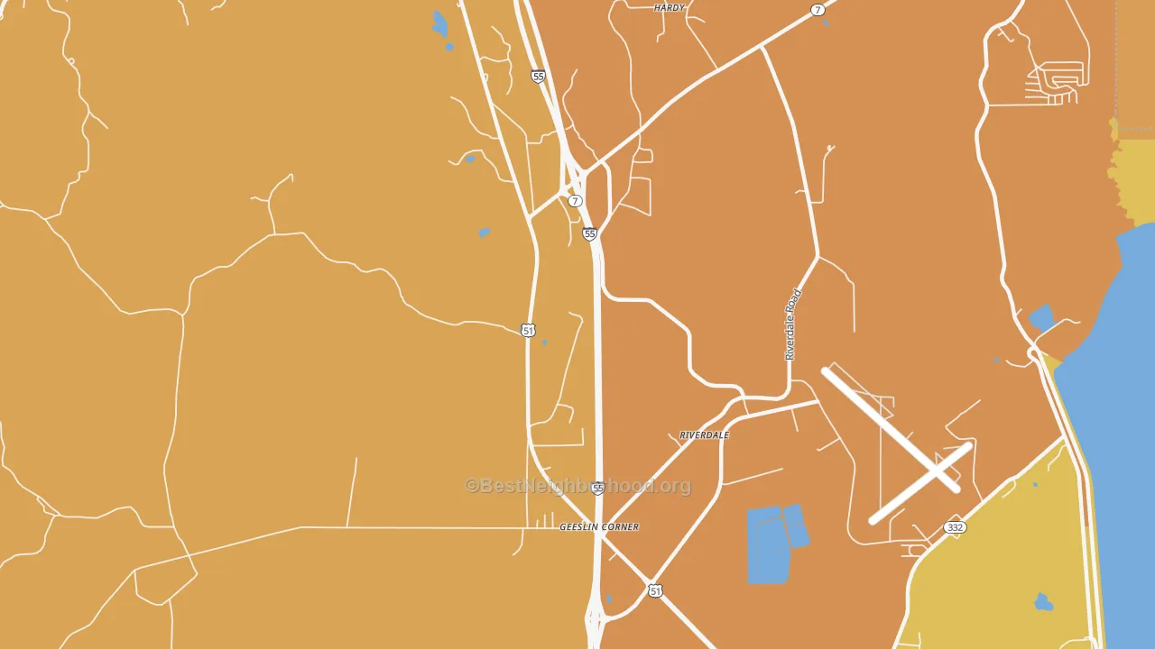 Map of the best neighborhoods in the Geeslin Corner area, with better matches in green and worse matches in red