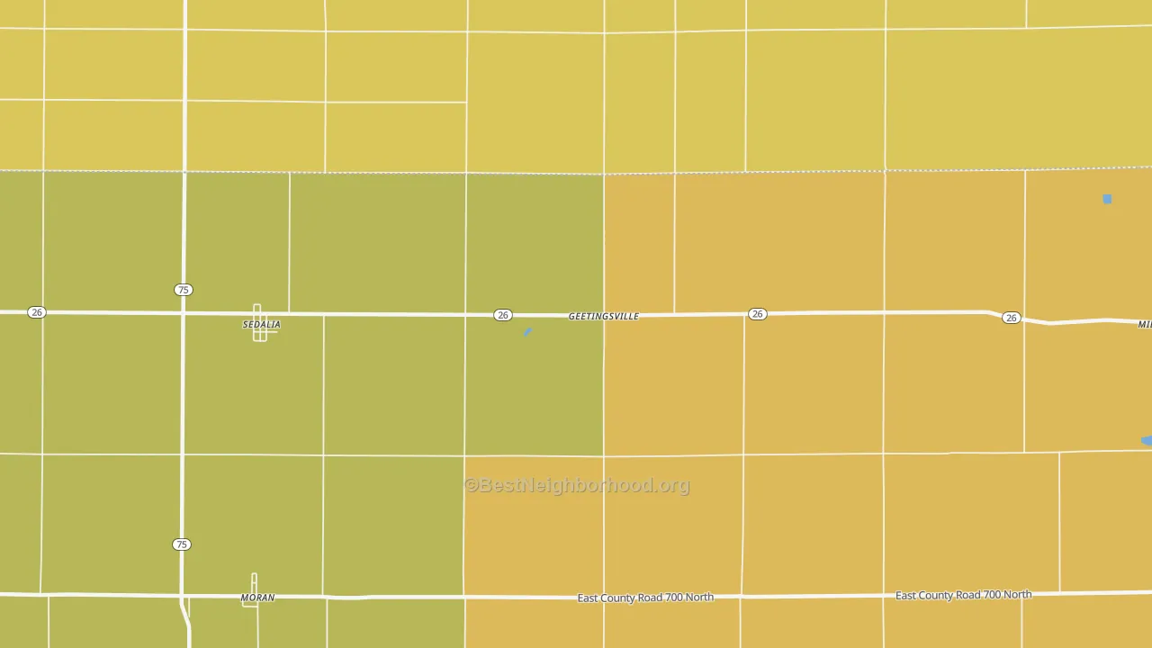 Map of the best neighborhoods in the Geetingsville area, with better matches in green and worse matches in red