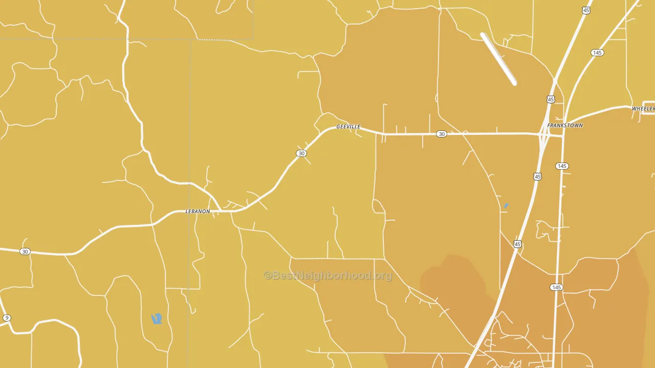 Map of the best neighborhoods in the Geeville area, with better matches in green and worse matches in red