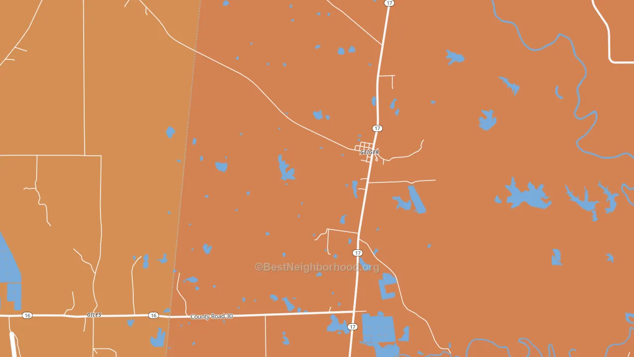 Map of the best neighborhoods in the Geiger area, with better matches in green and worse matches in red
