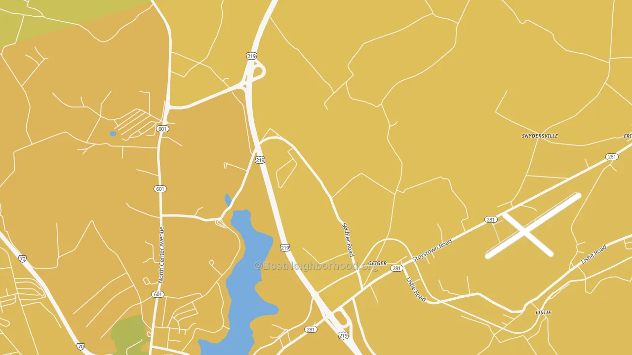 Map of the best neighborhoods in the Geiger area, with better matches in green and worse matches in red