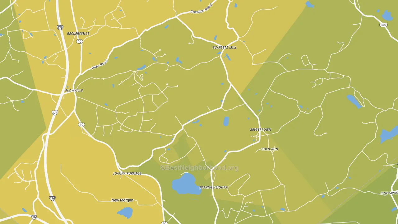 Map of the best neighborhoods in the Geigertown area, with better matches in green and worse matches in red