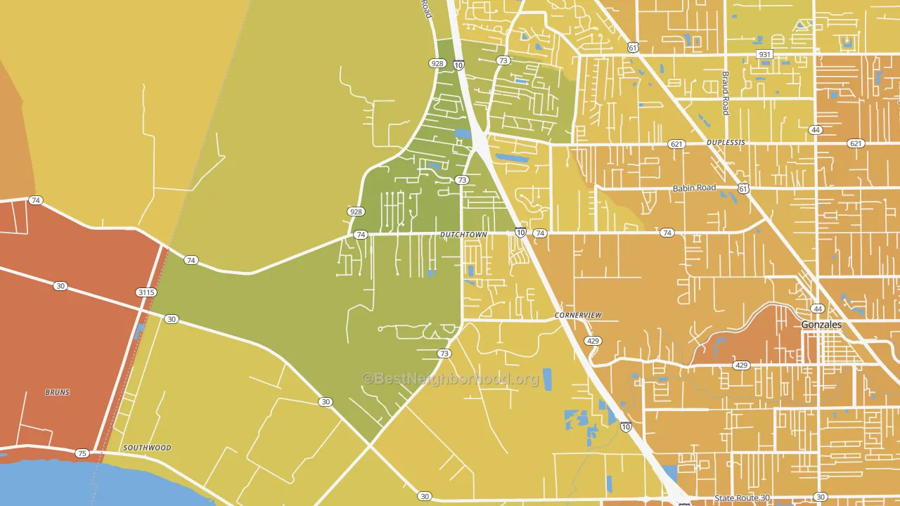 Map of the best neighborhoods in the Geismar area, with better matches in green and worse matches in red