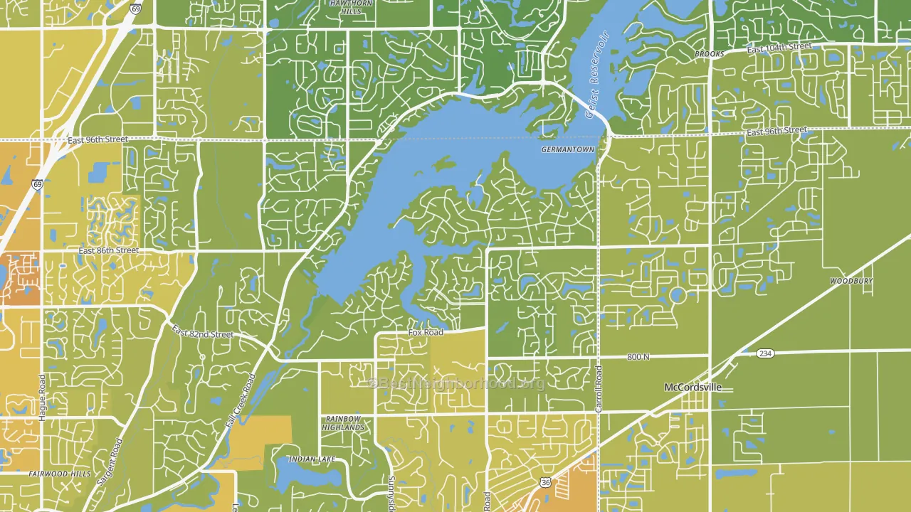 Map of the best neighborhoods in the Geist, Indianapolis area, with better matches in green and worse matches in red