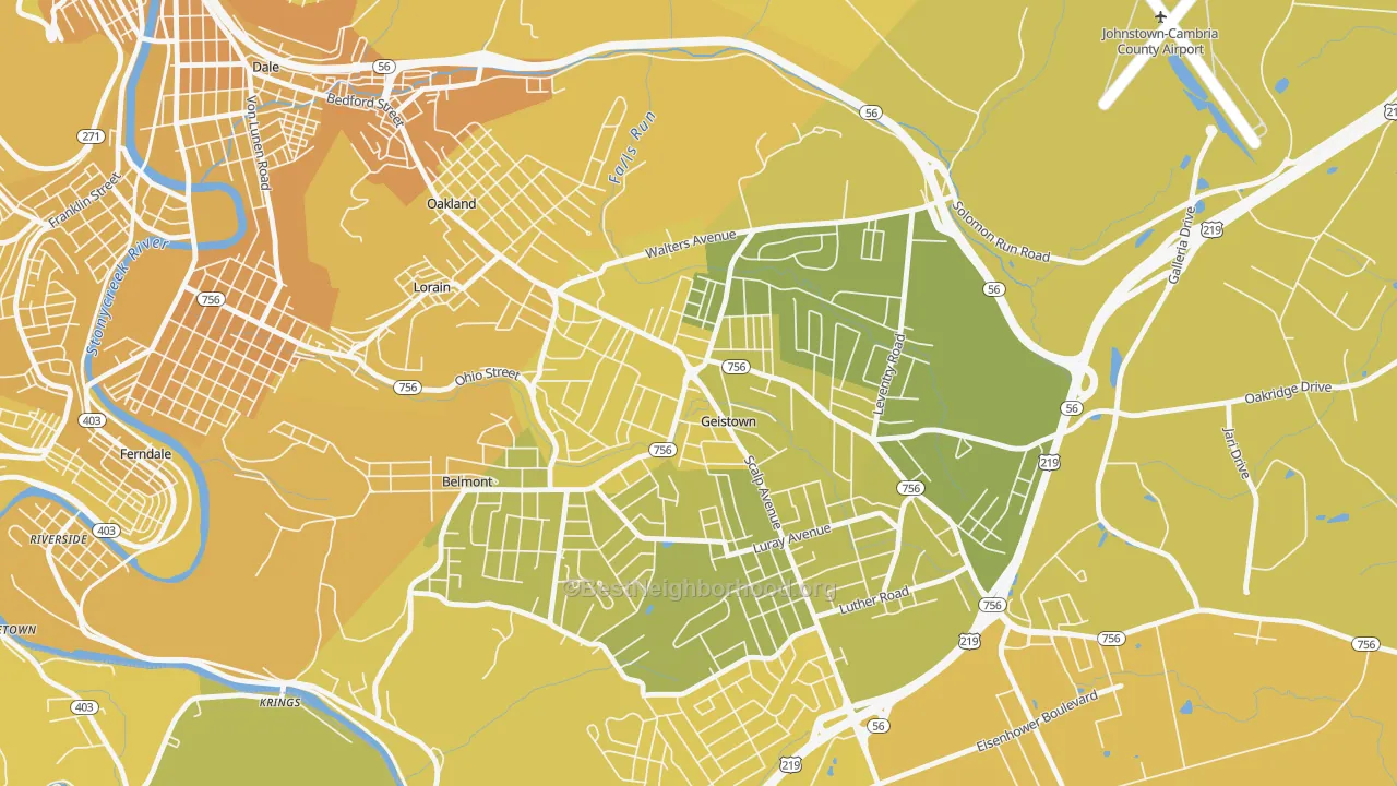 Map of the best neighborhoods in the Geistown area, with better matches in green and worse matches in red