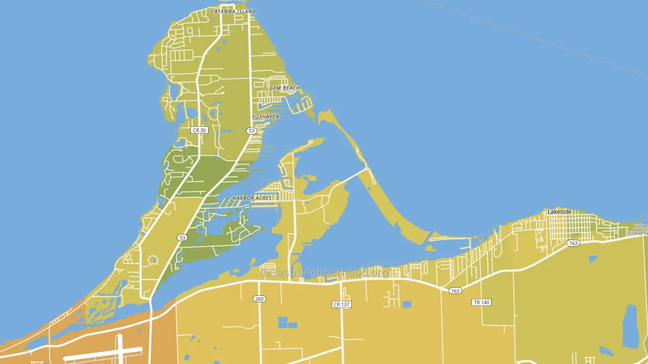 Map of the best neighborhoods in the Gem Beach area, with better matches in green and worse matches in red