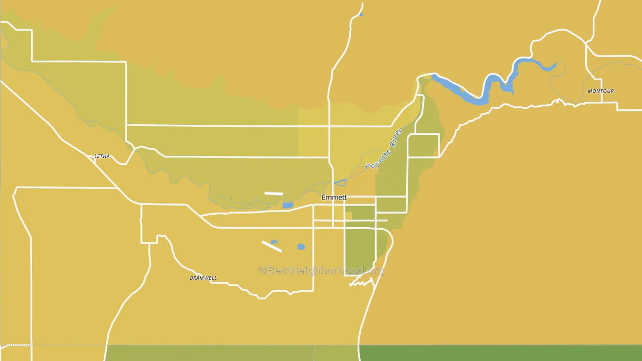 Map of the best neighborhoods in the Gem County area, with better matches in green and worse matches in red