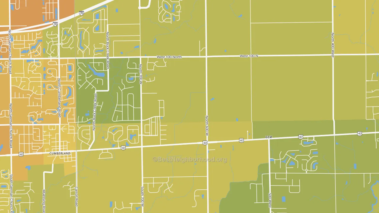 Map of the best neighborhoods in the Gem area, with better matches in green and worse matches in red