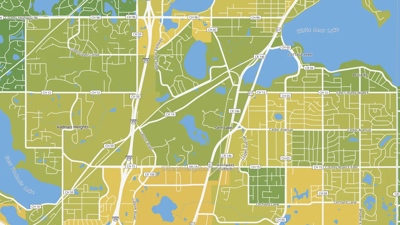 Map of the best neighborhoods in the Gem Lake area, with better matches in green and worse matches in red