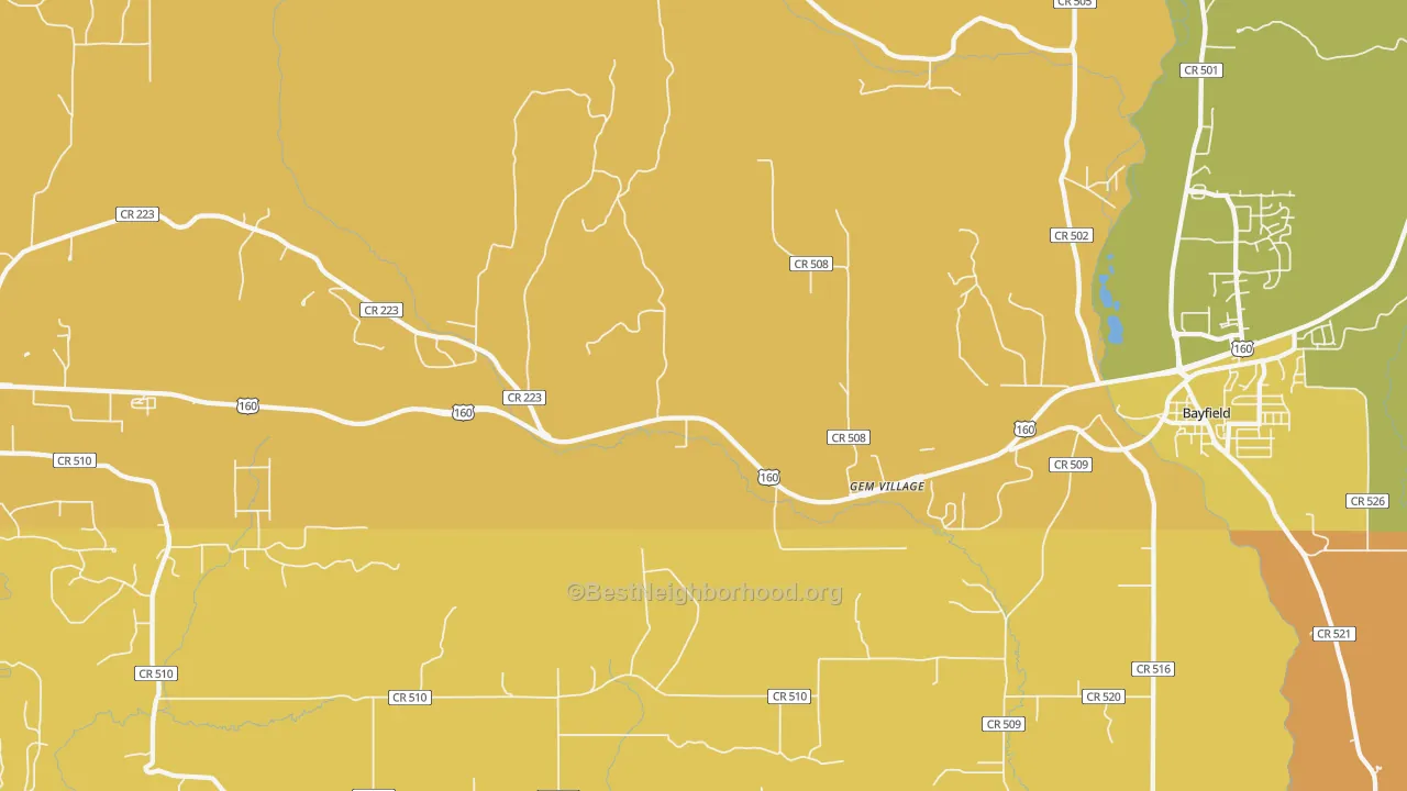 Map of the best neighborhoods in the Gem Village area, with better matches in green and worse matches in red
