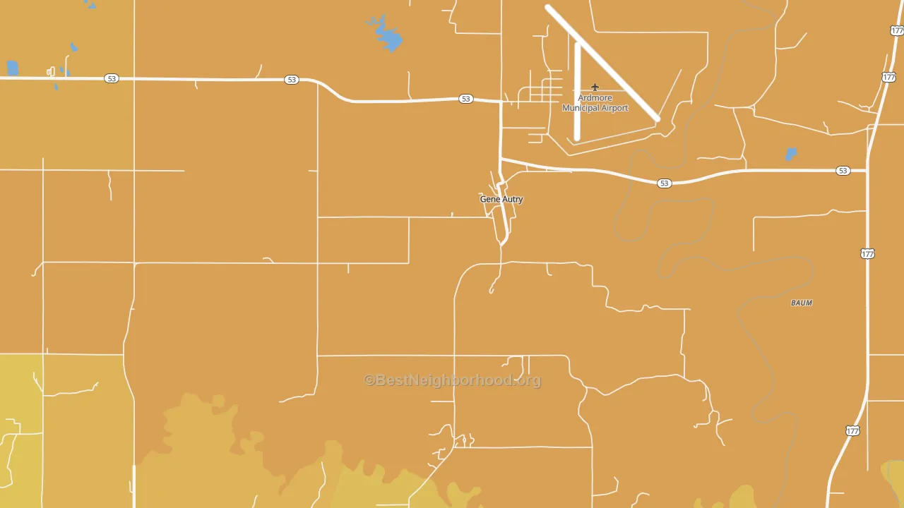 Map of the best neighborhoods in the Gene Autry area, with better matches in green and worse matches in red