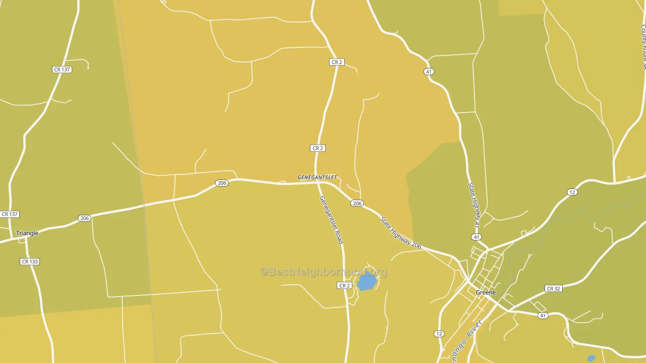 Map of the best neighborhoods in the Genegantslet area, with better matches in green and worse matches in red