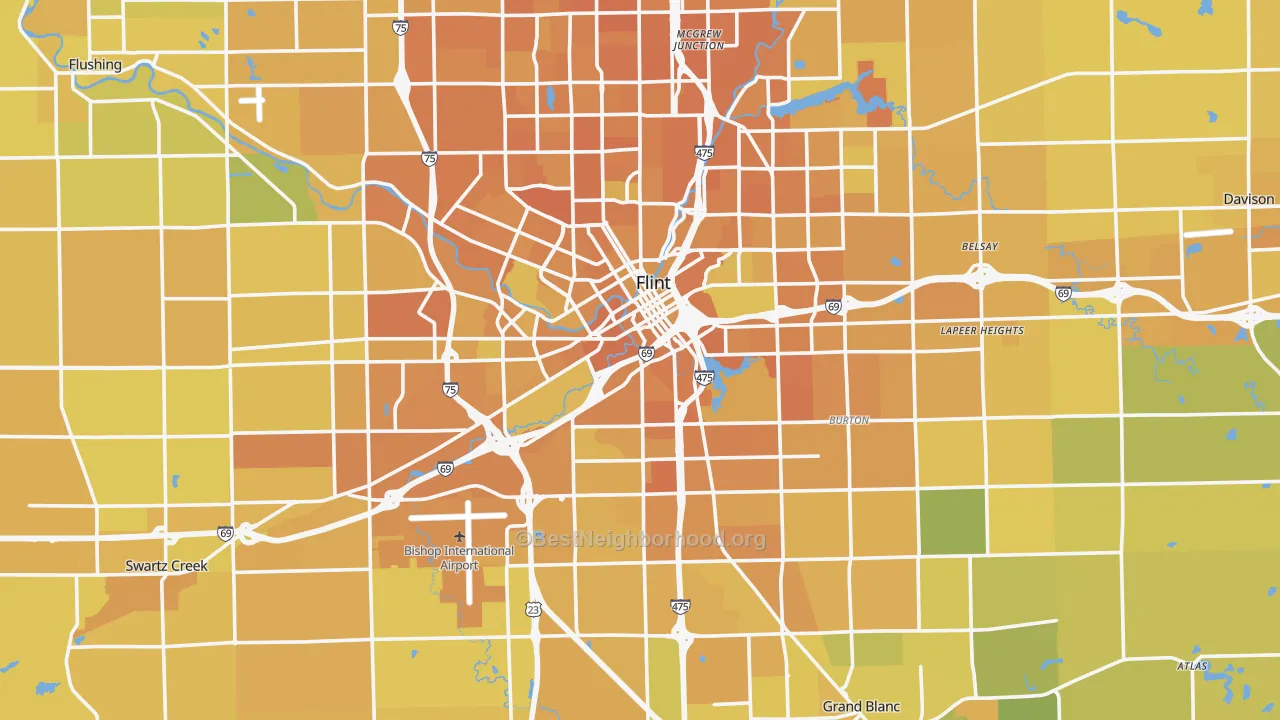 Map of the best neighborhoods in the Genesee County area, with better matches in green and worse matches in red