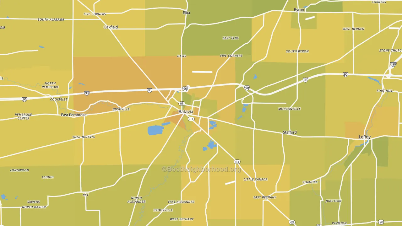 Map of the best neighborhoods in the Genesee County area, with better matches in green and worse matches in red