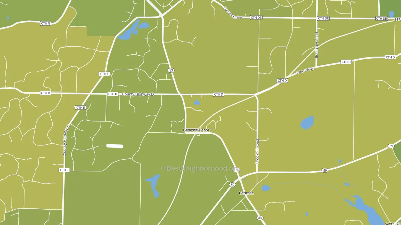 Map of the best neighborhoods in the Genesee Depot area, with better matches in green and worse matches in red