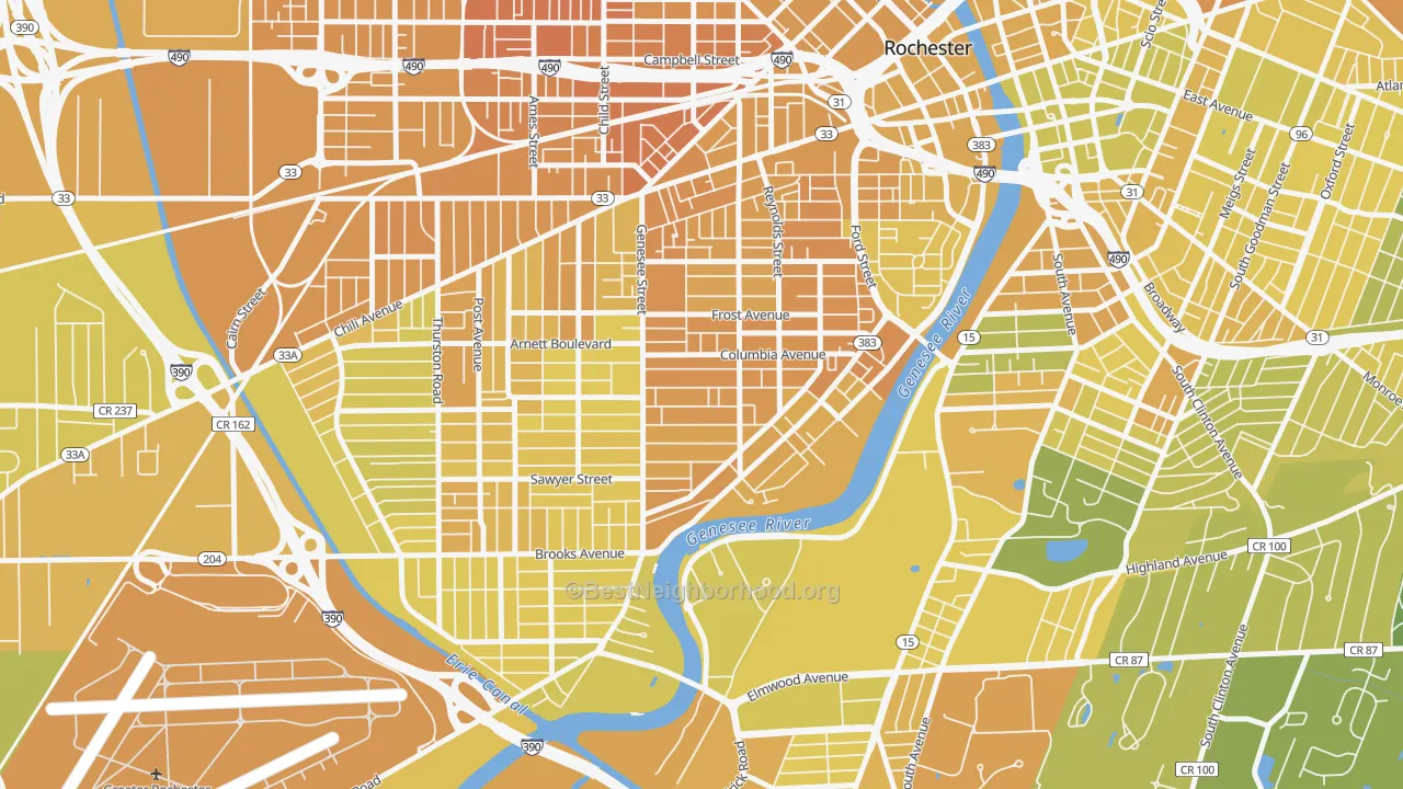 Map of the best neighborhoods in the Genesee-Jefferson, Rochester area, with better matches in green and worse matches in red