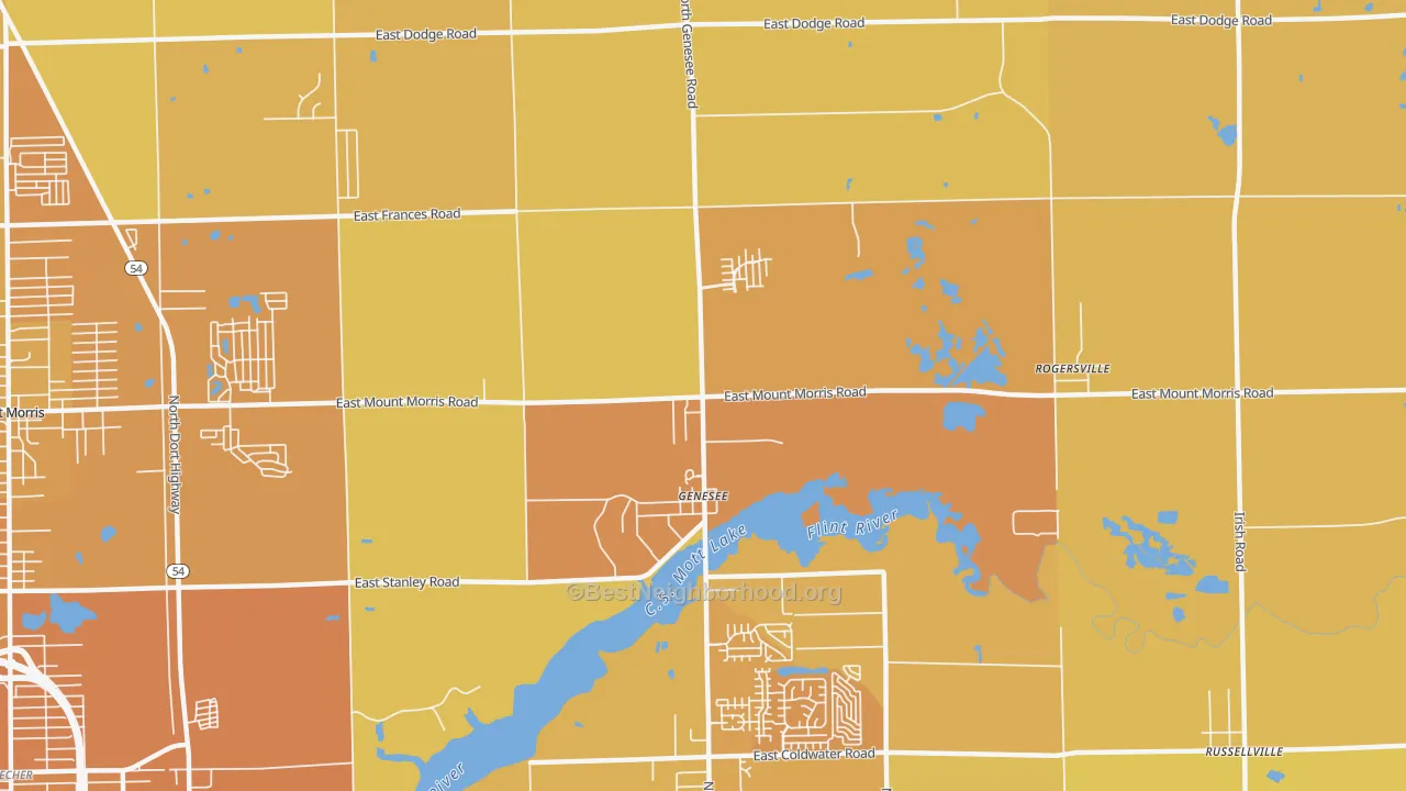 Map of the best neighborhoods in the Genesee area, with better matches in green and worse matches in red