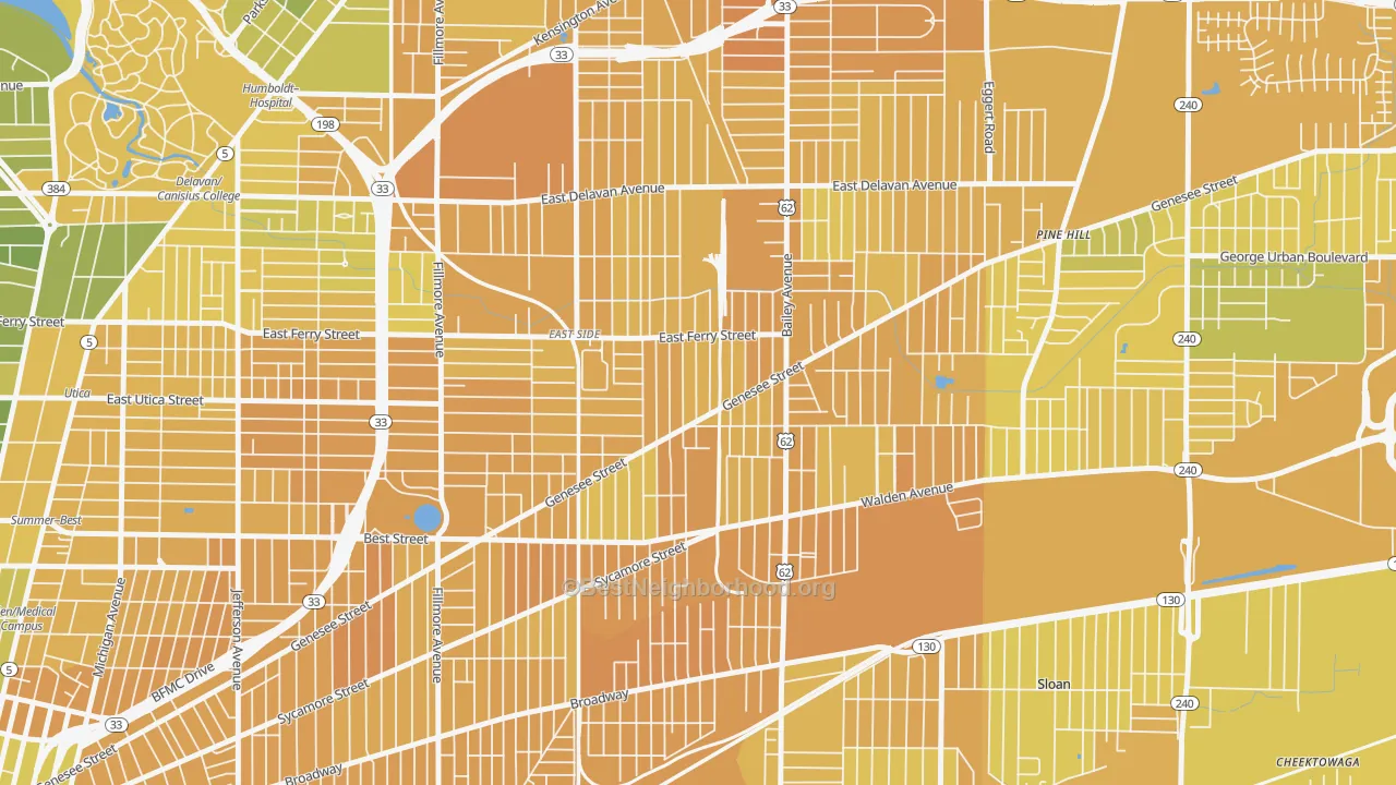 Map of the best neighborhoods in the Genesee Moselle, Buffalo area, with better matches in green and worse matches in red