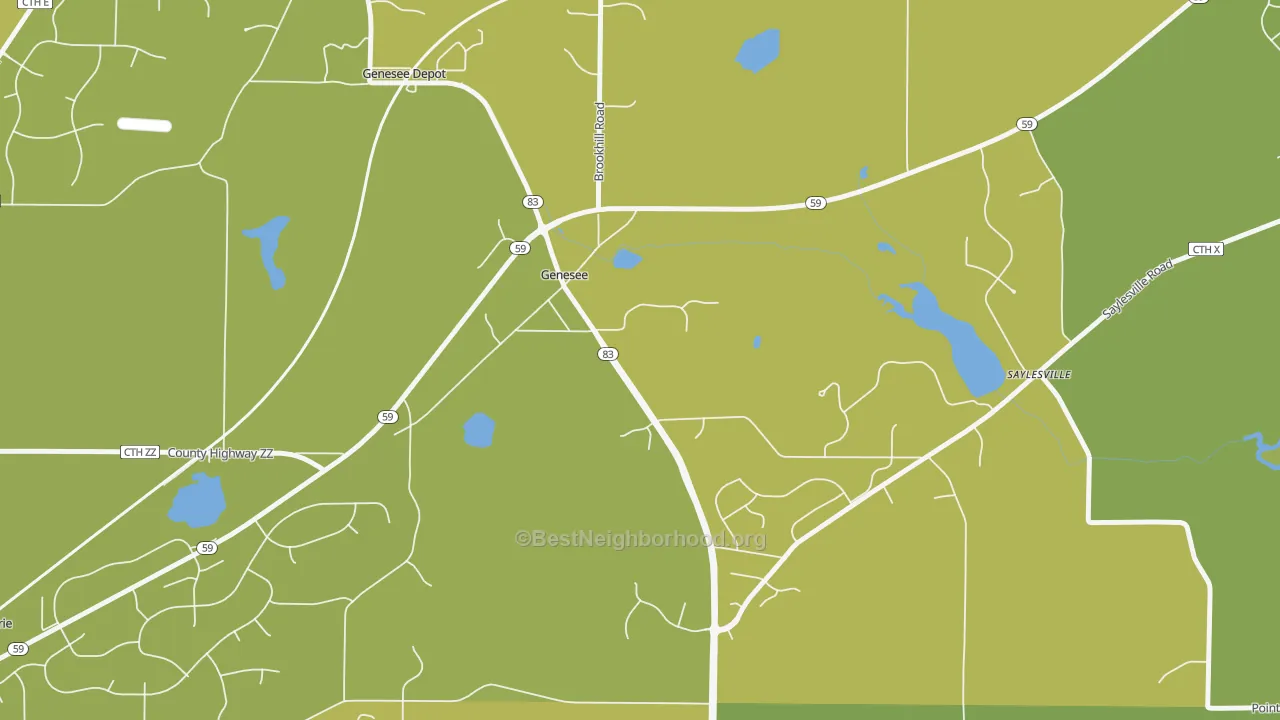 Map of the best neighborhoods in the Genesee area, with better matches in green and worse matches in red