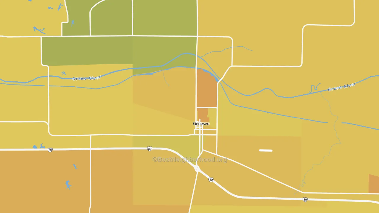 Map of the best neighborhoods in the Geneseo area, with better matches in green and worse matches in red