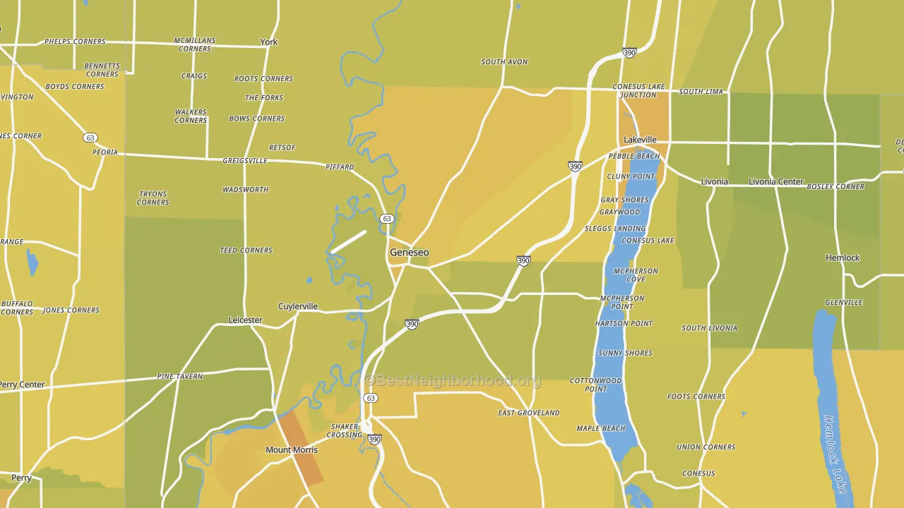 Map of the best neighborhoods in the Geneseo area, with better matches in green and worse matches in red