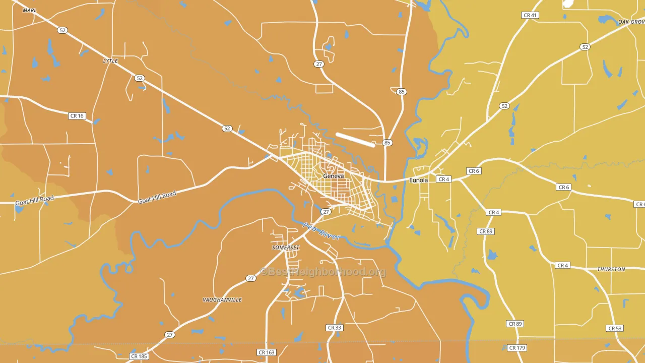 Map of the best neighborhoods in the Geneva area, with better matches in green and worse matches in red