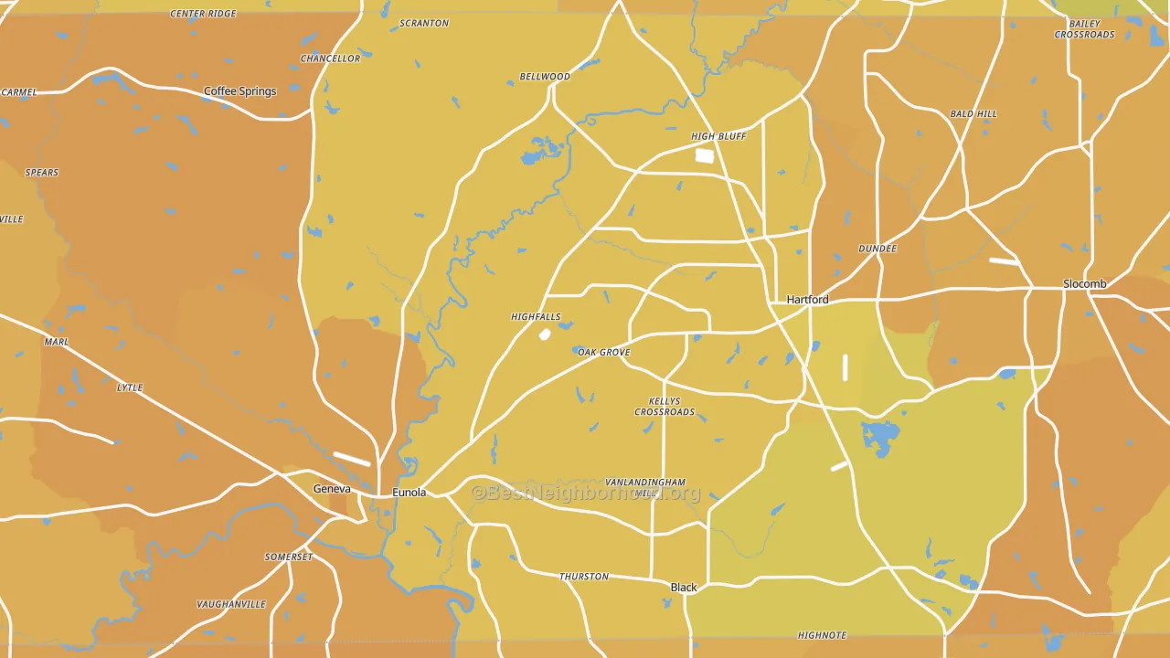 Map of the best neighborhoods in the Geneva County area, with better matches in green and worse matches in red