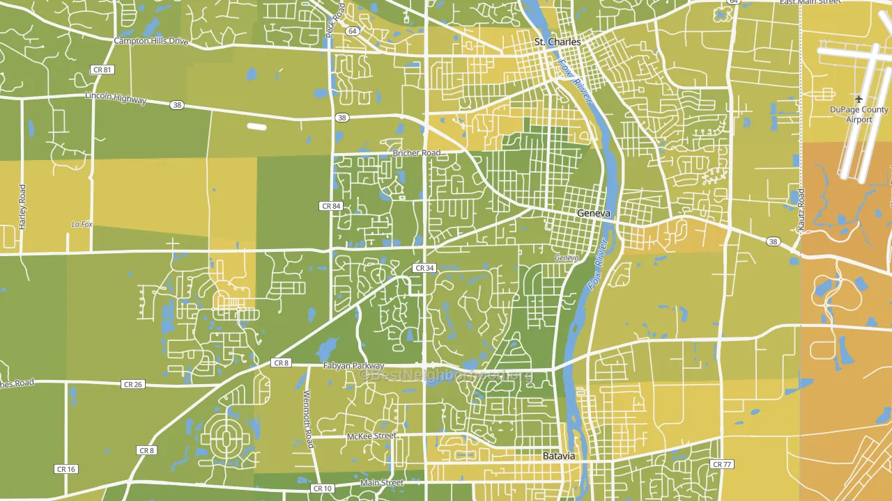 Map of the best neighborhoods in the Geneva area, with better matches in green and worse matches in red