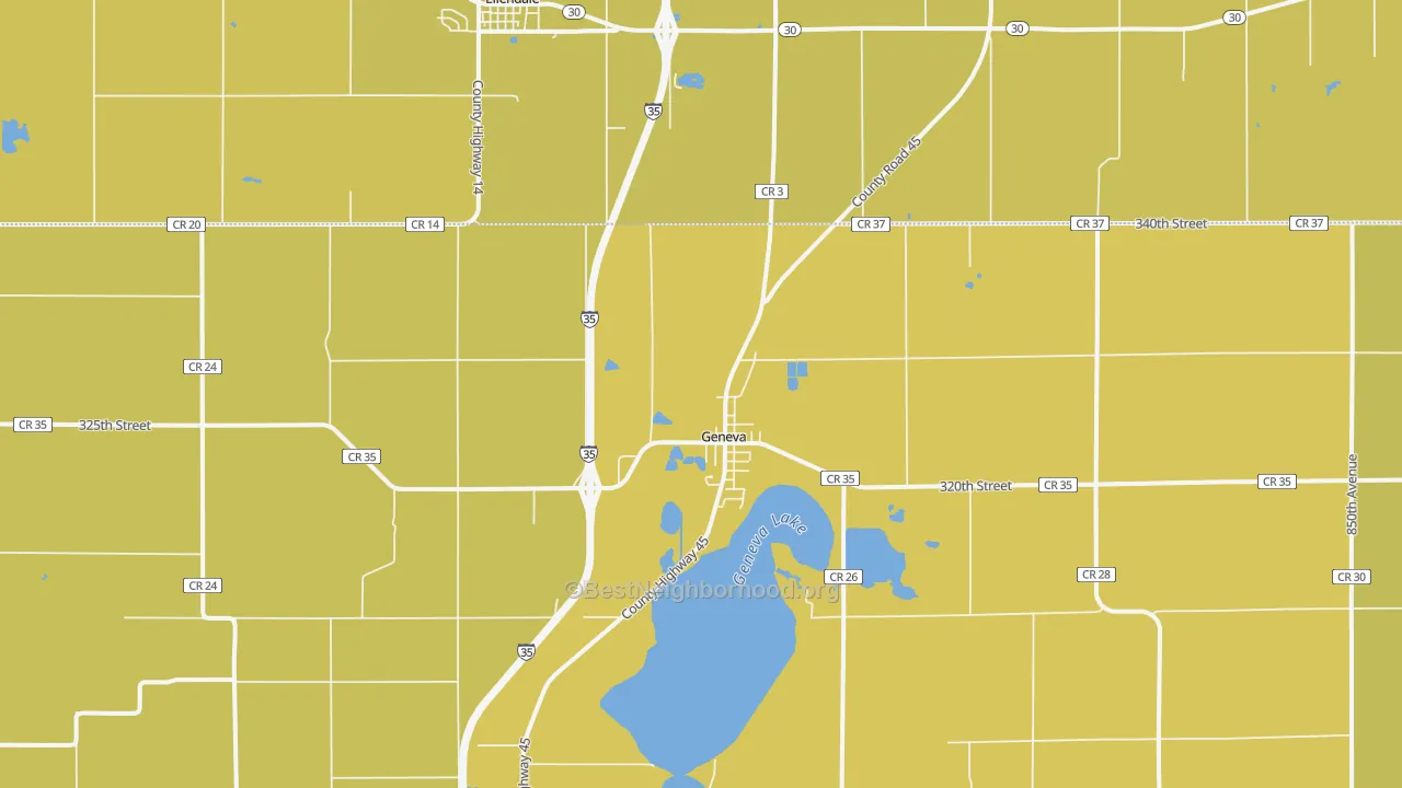 Map of the best neighborhoods in the Geneva area, with better matches in green and worse matches in red