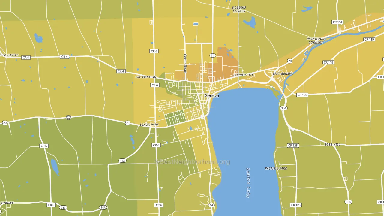 Map of the best neighborhoods in the Geneva area, with better matches in green and worse matches in red