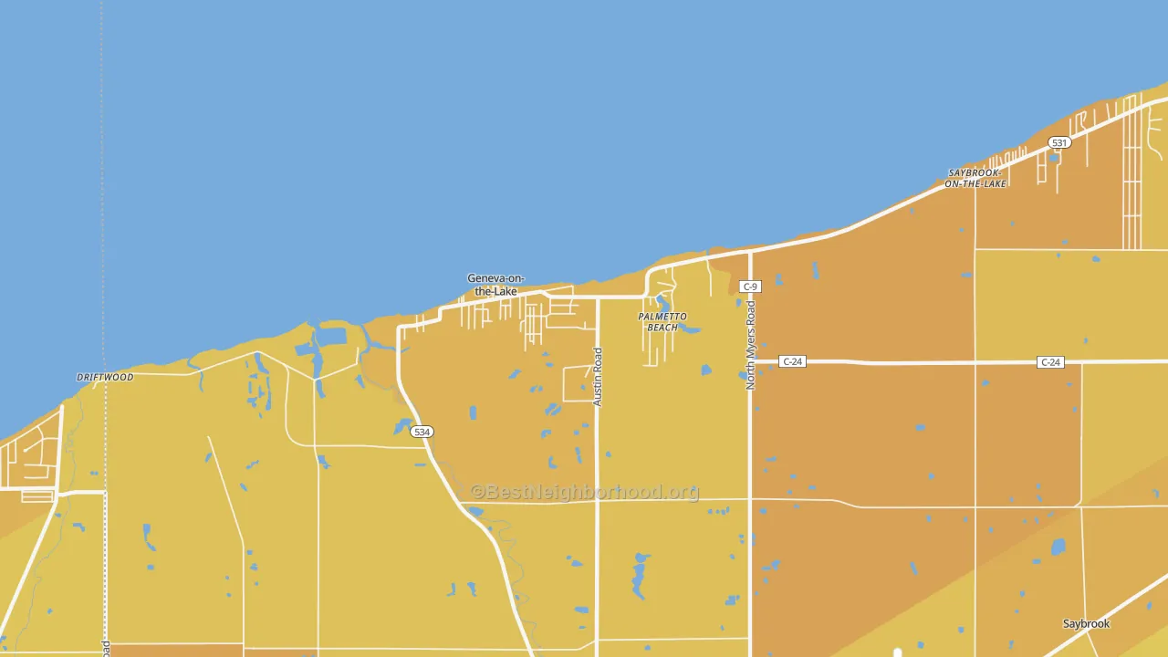 Map of the best neighborhoods in the Geneva-on-the-Lake area, with better matches in green and worse matches in red