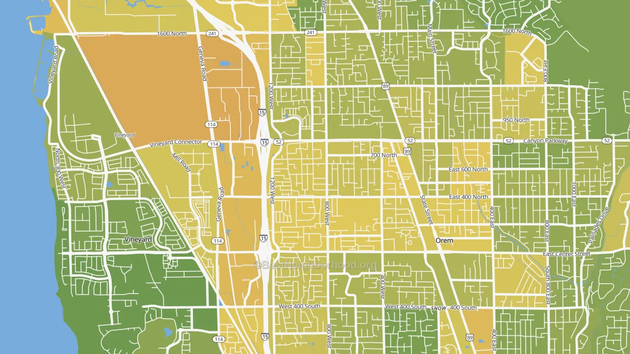 Map of the best neighborhoods in the Geneva, Orem area, with better matches in green and worse matches in red