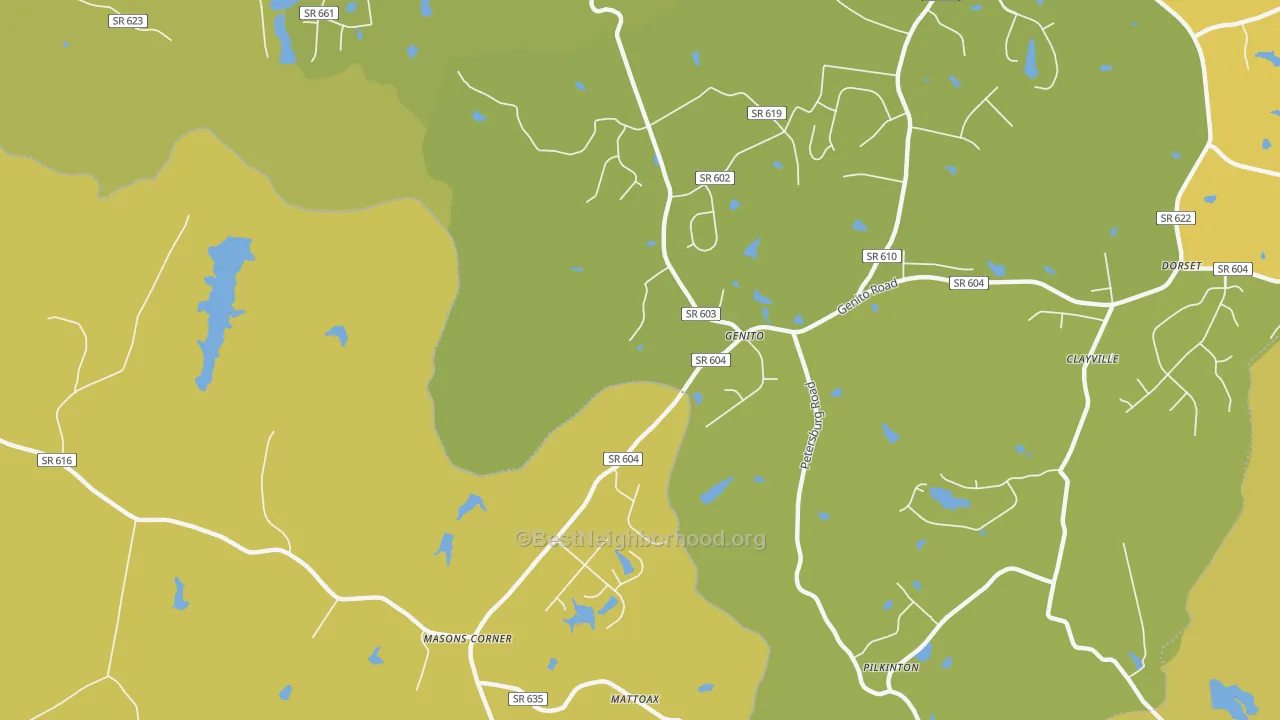 Map of the best neighborhoods in the Genito area, with better matches in green and worse matches in red